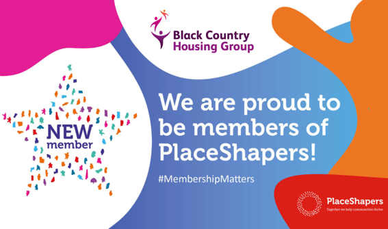 Image with BCHG logo on a vivid background displaying the wording 'We are proud to be members of PlaceShapers!'